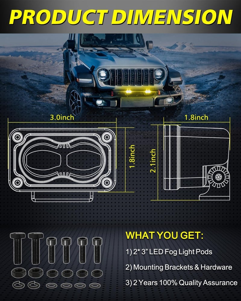 AKD Part 3 Inch SAE Yellow LED Fog Lights 40W CREE LED Pods Cut-off Low Beam DOT Mini Light Pods Yellow Small Offroad Lights Fog Lights 2 Packs for Truck Pickup Motorcycle Dirt Bike SUV UTV ATV - Image 2